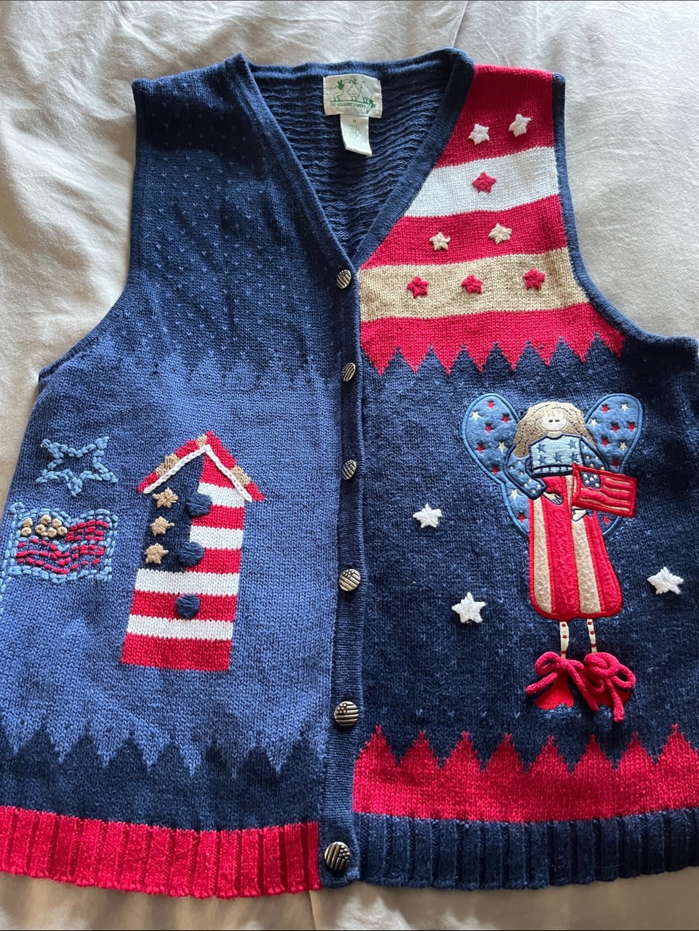 Quacker Factory Navy Red Cream ans White Patriotic V‑Neck Sweater Vest Sz M